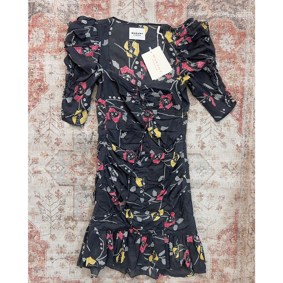 Isabel Marant Etoile Galdino Ruched Floral Print Ruffle Mini Dress Size 36 NWT - Picture 2 of 10